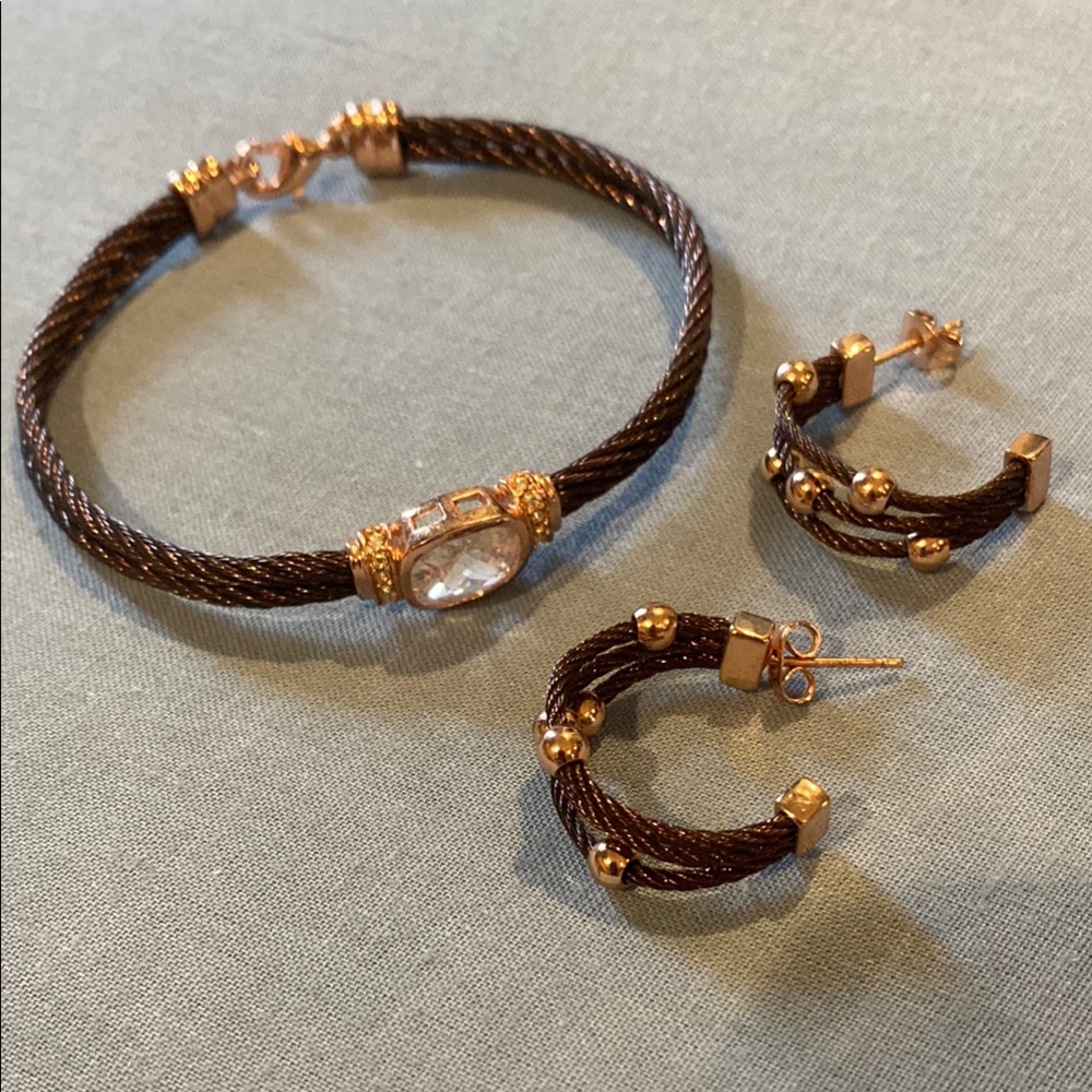 Rose Gold and Bronze Braided Wire Bracelet & Earring Set